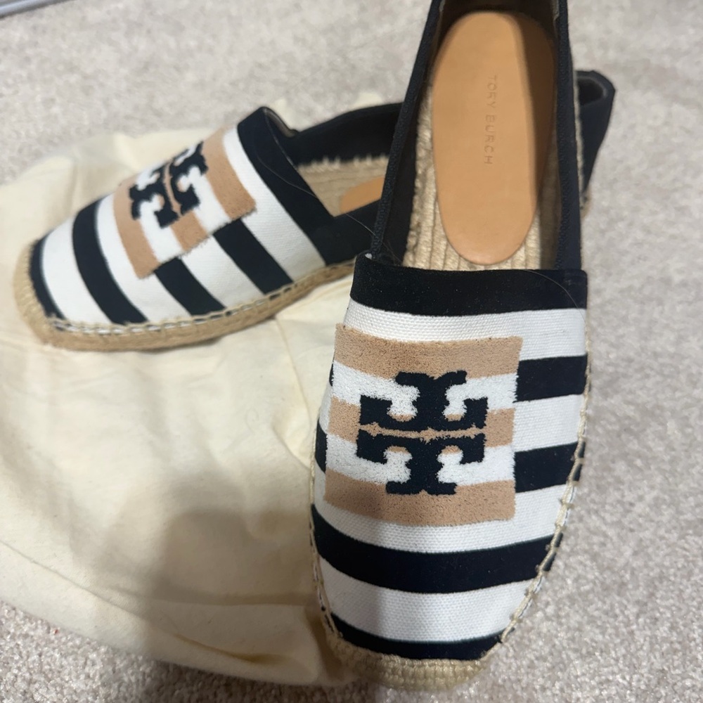 Tory Burch Black, White & Tan Striped Logo Espadrille Slip-Ons